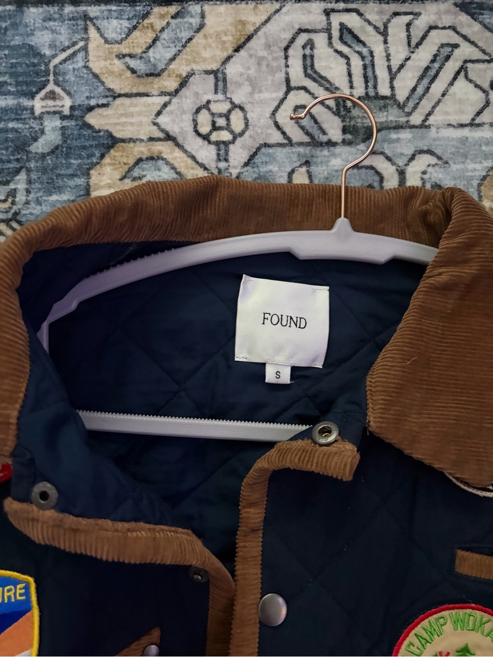 Found Quilted Navy Field Jacket with Brown Trim and Patchwork - Picture 4 of 7